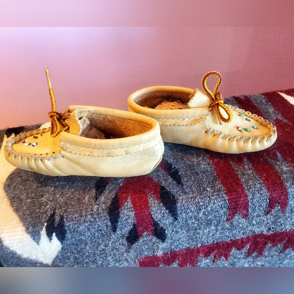 Handcrafted Tan Leather Kids Moccasins, Size 7